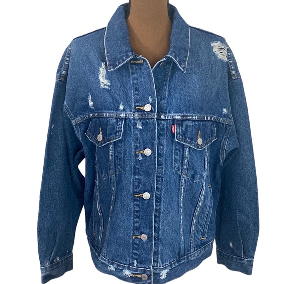 Levi’s Premium 90's trucker oversized distressed jacket in mid wash blue size L